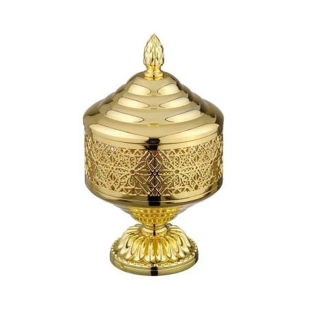 LUXOR Баночка на ножке низкая H5xD12 см. ажурная с крышкой, золото, артикул 26158
