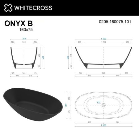 Ванна WHITECROSS Onyx B 160x75 (черный глянец) иск. камень, артикул 0205.160075.101