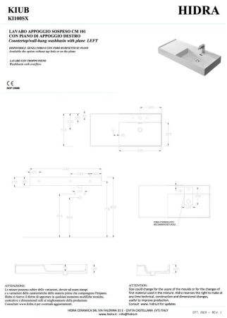 Hidra Kiub, накладная/подвесная прямоугольная раковина 101x46x12h см, чаша справа, цвет белый матовый, артикул KI100SX/006