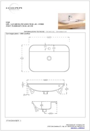 Hidra Gio,  встраиваемая прямоугольная раковина с закругленными краями 60x40x16,5h см, цвет белый матовый, артикул G240/006