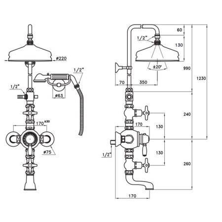 Stella Italica Душевой комплект IS3274/33-220: термостатический смеситель с изливом для ванны, штанга+ручной+верхний душ 220мм, цвет: хром, артикул IT 06150 CR00