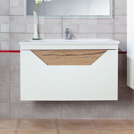 Тумба под раковину подвесная Бриклаер Брайтон белый/дуб, 100 см, артикул 4627125415760