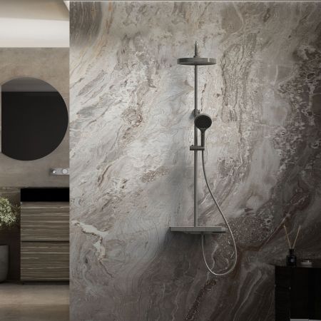 душевые стойки Vincea Душевая стойка Inspire VSFS-3I12TGM термостатическая с изливом, 30см верх.душ, вороненая сталь,, артикул VSFS-3I12TGM