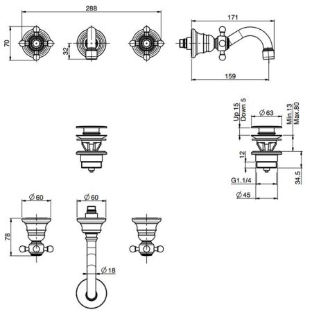 Fima Carlo Frattini Elizabeth Смеситель для раковины, встраиваемый, излив: 15.9см., цвет: золото, артикул F5081/5OR