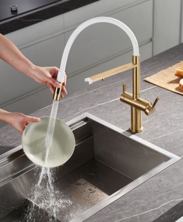 Смеситель для кухни с подключением фильтра для воды Rose R458G, золотой сатин