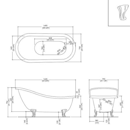 Devon&Devon Regina Ванна 164х79хh57/80 см, чугунная, отдельностоящая, загрунтованная снаружи, ножки полированная латунь, артикул 2MRREGINAPDOTDD