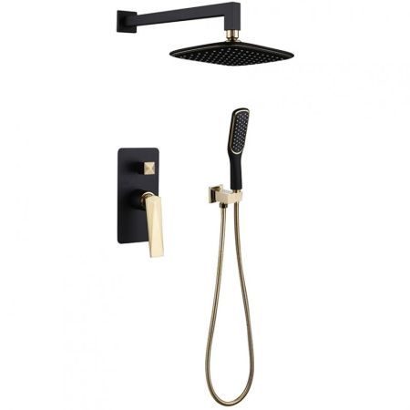 Смеситель встроенный + верхний душ + ручной душ ЧЕРНЫЙ+ЗОЛОТО, артикул 384-B