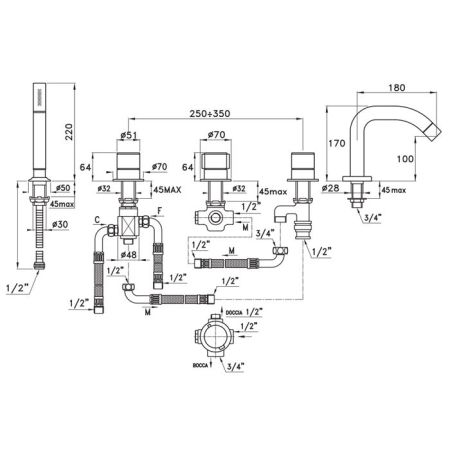 Stella Bamboo Смеситель на борт ванны на 5 отверстий 3256TRTC308, цвет: хром