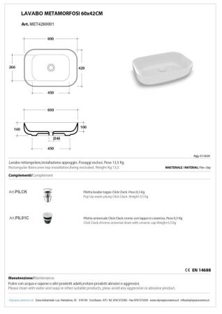 Olympia Metamorfosi, накладная прямоугольная раковина 60x42xh14 см, цс донным клапаном, вет белый глянцевый, артикул MET4260001
