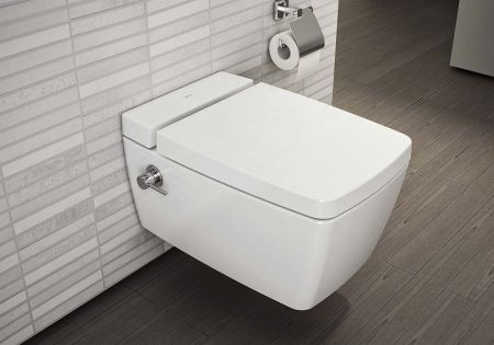 Metropole Rim-Ex Подвесной безободковый унитаз 56 см с функциями VitrAflush и VitrAfresh, с емкостью для чистящей жидкости, с функцией биде и встроенным смесителем, артикул 7672B003-1687