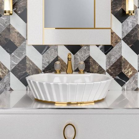 OASIS PLISSE Раковина 655х455х160 мм., для установки на столешницу, с 3 отверстиями для смесителя, окантовка золото, цвет белый