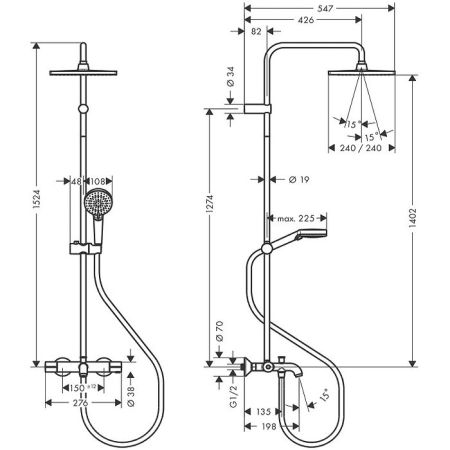 Душевая стойка, Hansgrohe, Vernis Shape, Showerpipe, смеситель-в комплекте, тип регулирования воды-термостатический картридж, с регулируемым ограничителем температуры горячей воды, излив-есть, вынос излива, мм-198, штанга-есть, верхний душ-есть, форма вер, артикул 26900670
