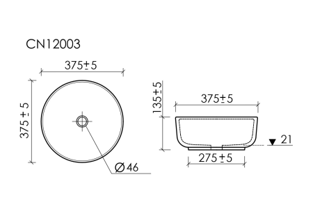 Раковина накладная Тайкан (Taycan), круглая, диаметр 375 мм, высота 140 мм, белая матовая, артикул CN12003MW
