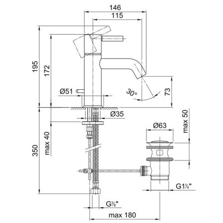 Смеситель для раковины, Fantini, Nostromo, тип открывания воды-однорычажный, отверстия для монтажа-1, высота, мм-195, вынос излива, мм-146, донный клапан-есть, цвет-хром
