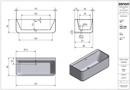 Zenon Kivu Wall, акриловая пристенная ванна прямоугольной формы, 175x80xh60 см, цвет белый матовый, артикул 4000.000.000.000.23350