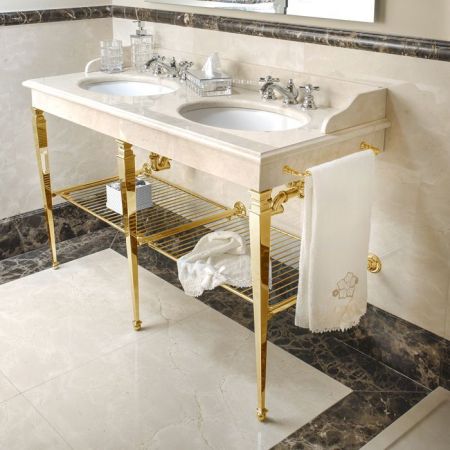 3SC  Консоль Regale Double 163х60хh77см, с 2 раковинами, сифонами, полочкой и полотенцедердателями,цвет: золото 24к. Lucido