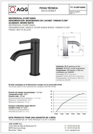 AQG Urban Flow, однорычажный смеситель для раковины без донного клапана, цвет черный матовый