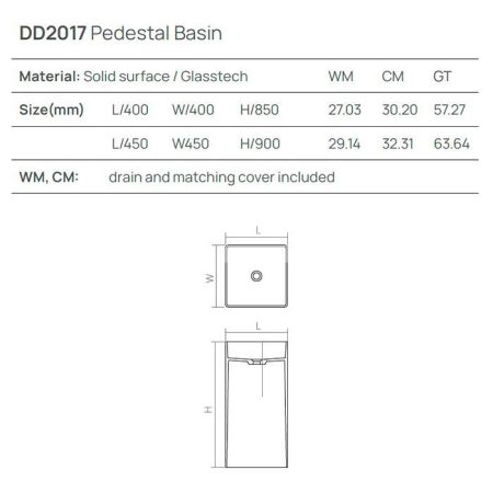 Раковина, DEA Design, Pedestal Basin, ширина, мм-450, глубина, мм-450, высота, мм-900, тип установки-напольный, отверстия для смесителя-отсутствуют, без перелива, материал-Solid surface, цвет-Grey Brown, артикул DD2017 450 6