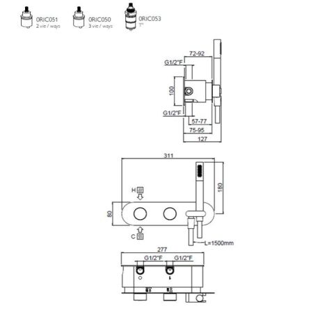 Смеситель для душа, Carimali, на 3 потребителя, тип открывания воды-вентильный, тип регулирования воды-прогрессивный картридж, монтаж-настенный встраиваемый, в комплекте-держатель для душа, гладкий гибкий шланг против скручивания из ПВХ, ручной душ-цилинд