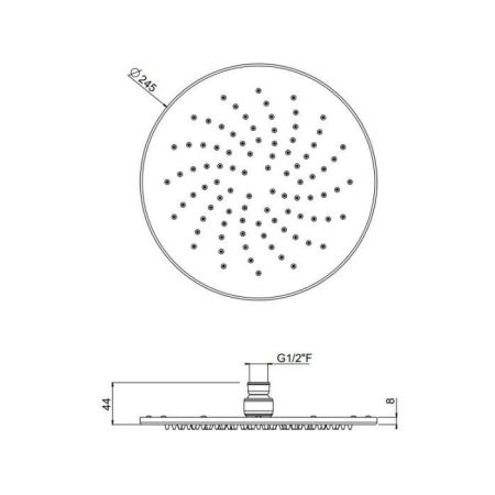 Верхний душ, Carimali, OttoMillimetri, инспектируемый, ультратонкий, тип установки-настенный, потолочный, размер душевого диска, мм-250*250, форма-круглая, количество режимов-1, держатель-необходимо заказать, цвет-хром, артикул 8MM0002CRX