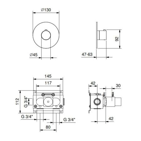 FANTINI Nostromo Смеситель для душа встраиваемый, термостатический, внешняя часть, цвет Matt Copper PVD(без зап вентиля G591B)