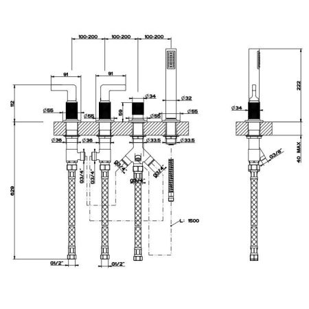 GESSI INCISO Смеситель для ванны на 4 отверстия для наполнения через слив-перелив, переключатель, с ручным душем, цвет: хром, артикул 58043#031