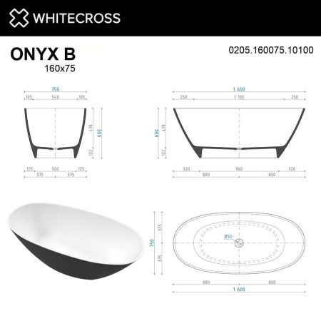 Ванна WHITECROSS Onyx B 160x75 (черный/белый глянец) иск. камень, артикул 0205.160075.10100