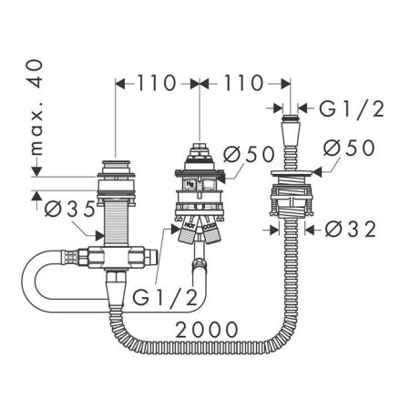 Внутренняя часть, Hansgrohe, назначение-смеситель для ванны и душа, стандарт подвода воды-1/2", не окрашен, керамический картиридж, на 3 отверстия, состоит из: скрытая часть, держатель для душа, шланг для душа, артикул 13439180