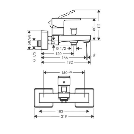 Смеситель для ванны и душа, Hansgrohe, Vernis Shape, тип открывания воды-рычажный, тип регулирования воды-керамический картридж, тип установки-настенный, отверстия для монтажа-2, вынос излива, мм-166, тип излива-неподвижный, материал ручки-металл, цвет ру, артикул 71450000