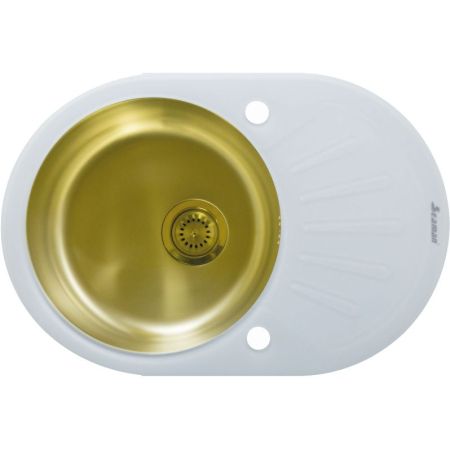 Мойка Seaman Eco Glass SMG-730W Gold (PVD), два отверстия (Ø35мм), комплектация с вентиль-автоматом, артикул SMG-730W-Gold.B