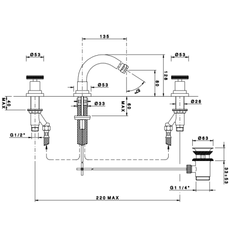 Nicolazzi Arena Смеситель для биде на 3 отвертсвия, излив: 135 мм, цвет: хром, артикул 3315CR44