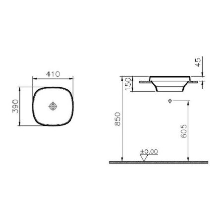 Раковина, Vitra, Frame, ширина, мм-410, глубина, мм-390, высота, мм-150, тип установки-встраиваемый, отверстия для смесителя-отсутствуют, без перелива, материал-керамика, вид грязеотталкивающего покрытия-VitrA Clean, цвет-белый