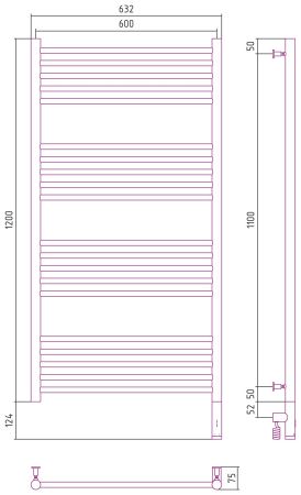 Полотенцесушитель, Сунержа, Богема 3.0, прямая, электрический, ширина, мм-632, глубина, мм-75, высота, мм-1324, межосевое расстояние-600, нагревательный элемент-ТЭН, подключение-нижнее справа, электрокомплект-МЭМ, мощность, Вт-300, материал-нержавеющая ст, артикул 05-5805-1260