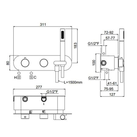 CARIMALI ILTONDO - Внешняя часть Скрытый горизонтальный термостатический смесит c держателем длядуша держателем, 2 выхода, гладкий гибкий шланг, хром, артикул 21828EST/A-CR