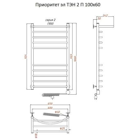 Электрический полотенцесушитель Тругор Приоритет 2 элТЭН 100x60 с полкой Хром, артикул Приоритет2/элТЭН10060П