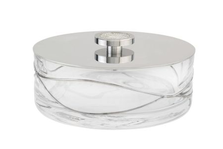 Surya Crystal Stream, круглая емкость с крышкой 16х16хh6 см, для гигиенических принадлежностей, цвет хром, артикул 6622/CH
