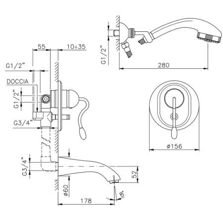 Nicolazzi Signal Смеситель для ванны встраиваемый на 3 отверствия, излив: 178 мм, цвет: хром, артикул 3400CR20