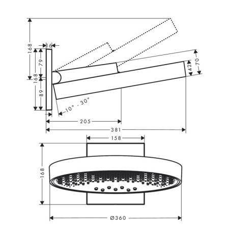 HANSGROHE RAINFINITY Верхний душ Ø360 мм., настенное крепление, 3 jet, цвет черный матовый, артикул 26234670