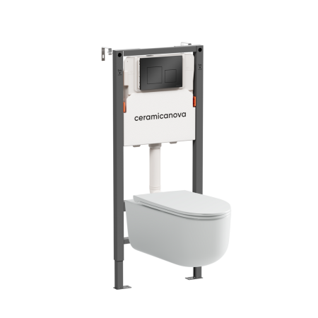 Комплект Подвесной унитаз Ульма (Ulma) Безободковый (Rimless) + Система инсталляции Баланс (Balance) кнопка Квадрат (Square), черный матовый, артикул CN4006_121002MB