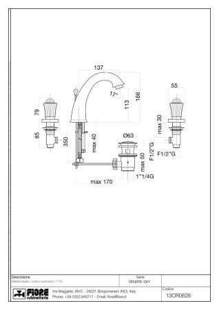 Fiore Venere Sky, двухвентильный смеситель для раковины на 3 отверстия, цвет хром - Swarovski