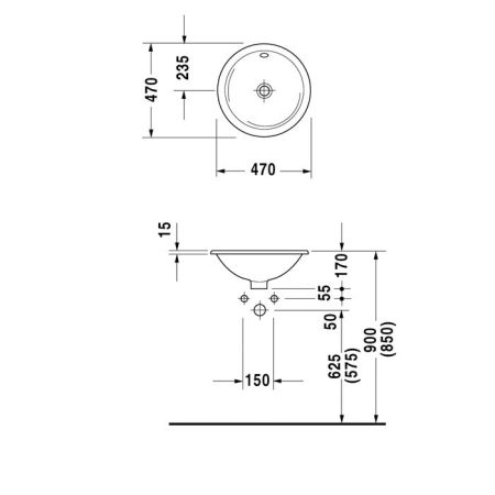 Раковина встраиваемая, Duravit, Architec, 470*470 мм, для встраивания сверху, с переливом, без места под смеситель, глазурованная снизу, цвет белый, артикул 0468470000