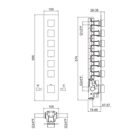 Carimali ILQUADRO  Внешняя часть вертикальная для термостатического смесителя с 6-ю независимыми выходами, цвет хром, артикул 21060EST-CR