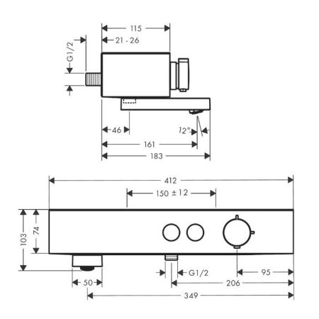 Смеситель для ванны и душа, Hansgrohe, ShowerTablet Select, на 2 потребителя, CoolContact-предотвращает нагрев корпуса, тип открывания воды-нажимной (кнопка Select включения / выключения), тип регулирования воды-термостатический картридж, монтаж-настенный, артикул 24340670