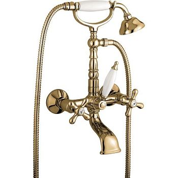 Emmevi Deco Old, двухвентильный смеситель для ванны (излив 14 см), с набором для душа (лейка и дивертер с белой ручкой), цвет бронза