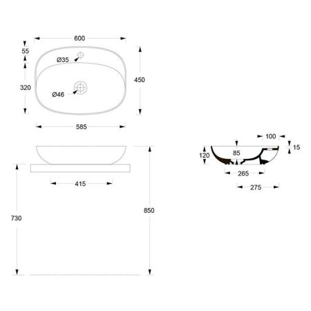 Раковина, Alice, Form, Plan Oval, ширина, мм-600, глубина, мм-450, высота, мм-120, тип установки-накладной (настольный), отверстия для смесителя-1, без перелива, донный клапан-необходимо заказать, материал-керамика, вид грязеотталкивающего покрытия-Aligla