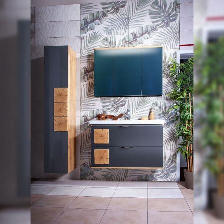 Зеркальный шкаф Бриклаер Форест 100 с подсветкой Антрацит со вставкой Пенёк