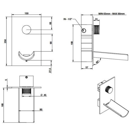 Bongio Time 2020 Смеситель настенный для раковины , излив 180мм,с прогрессивным картриджем,  из нержавеющей брашированной стали, артикул 76539AS18