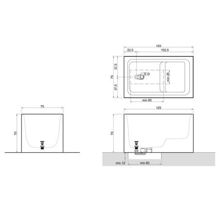 ANTONIO LUPI CUBA Ванна 1250х750х700 мм., сидячая, отдельностоящая, скрытый автоматический перелив, сифон, донный клапан, Flumood, цвет белый матовый