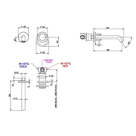 BONGIO LINEA Смеситель для раковины настенный встраиваемый, однорычажный, излив 190 мм., внешняя часть, цвет матированное золото, артикул 82538OPOPEU