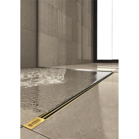 Желоб BERGES водосток SUPER Slim 800, золото глянец, S-сифон D50/105 H50 вертикальный, артикул 092054